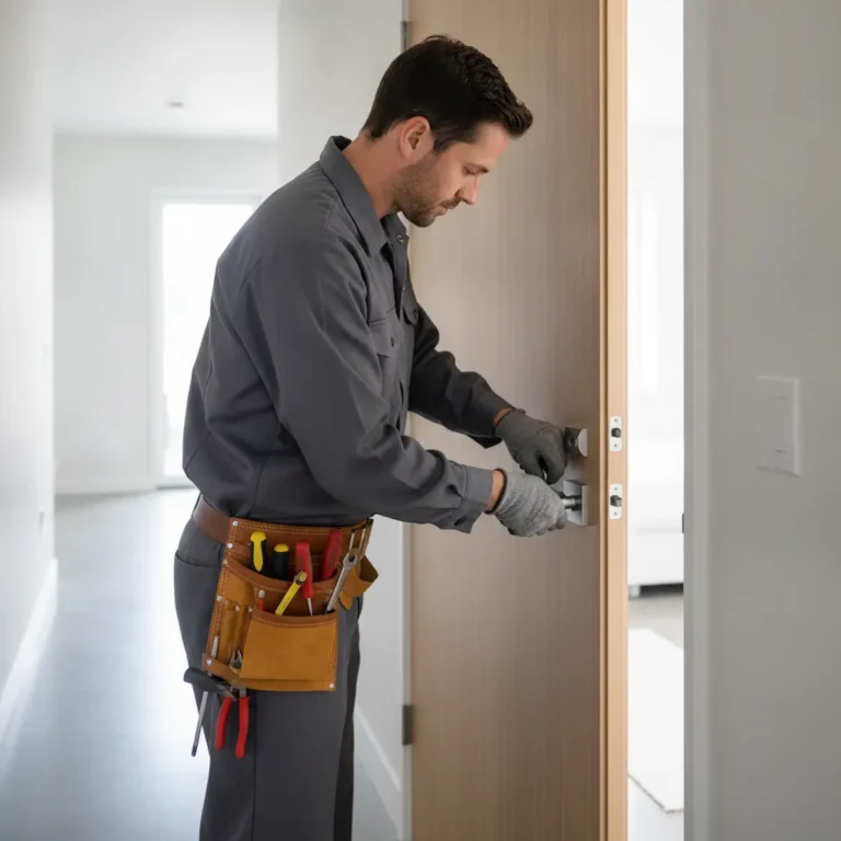 Professional handyman with tool belt performing home repairs in a Metro Vancouver residence