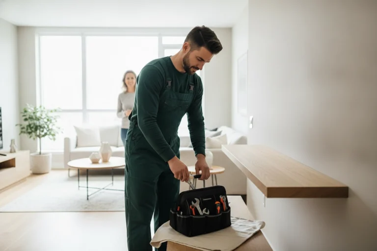 Handyman reviewing a completed home repair in a clean Vancouver condo